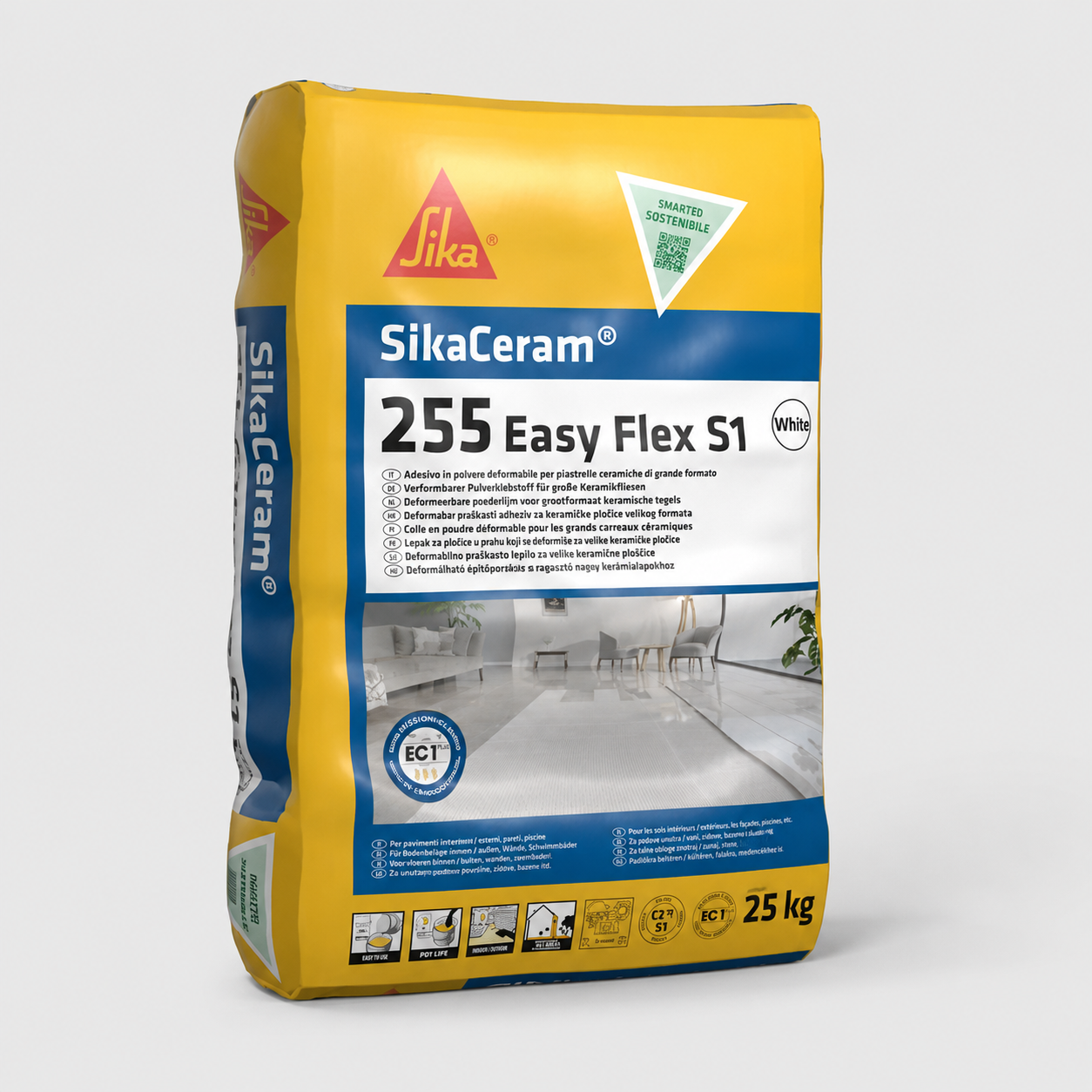 Adesivo Cementizio Deformabile C2TE S1 per Piastrelle e Grès Porcellanato SikaCeram®-255 Easy Flex S1 25Kg Bianco