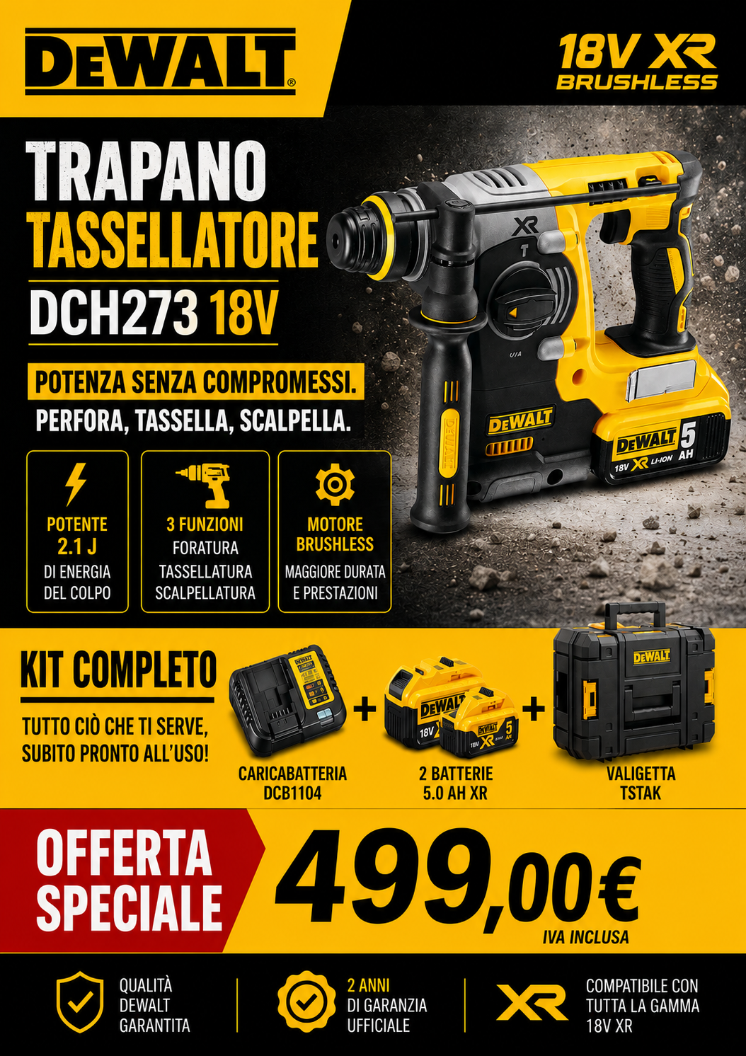Trapano Tassellatore DeWALT DCH273 18V XR Brushless Kit Completo