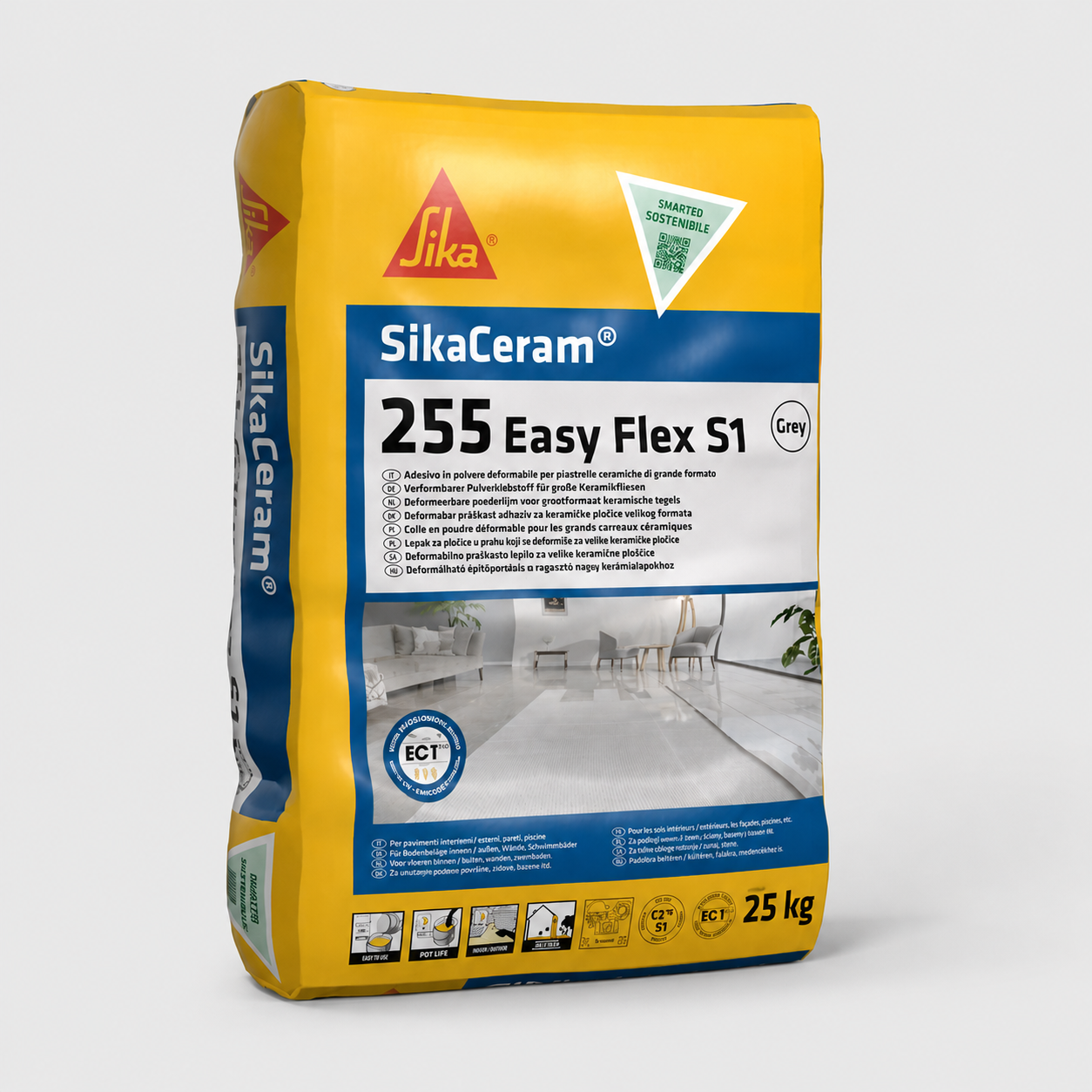 Adesivo Cementizio Deformabile C2TE S1 per Piastrelle e Grès Porcellanato SikaCeram®-255 Easy Flex S1 25Kg Grigio