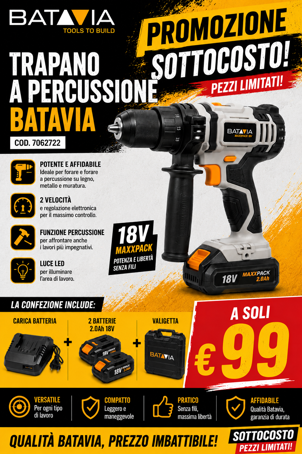 Trapano Avvitatore a Percussione Batavia 18V Maxxpack con 2 Batterie 2.0Ah e Valigetta
