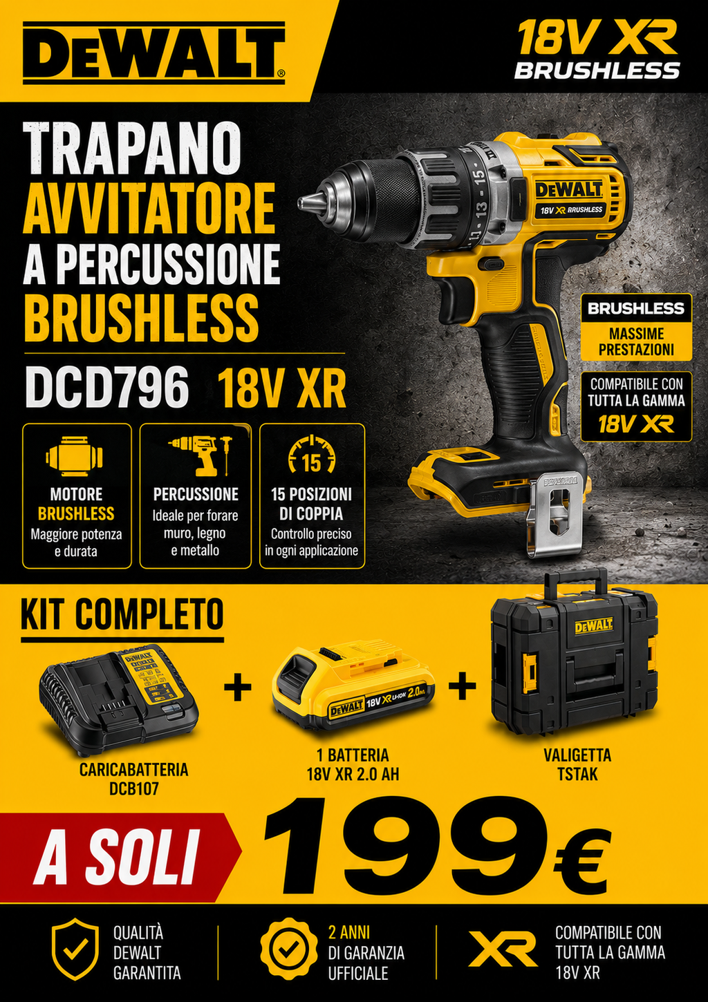 Trapano Avvitatore a Percussione DeWALT DCD796 18V XR Brushless Kit Completo