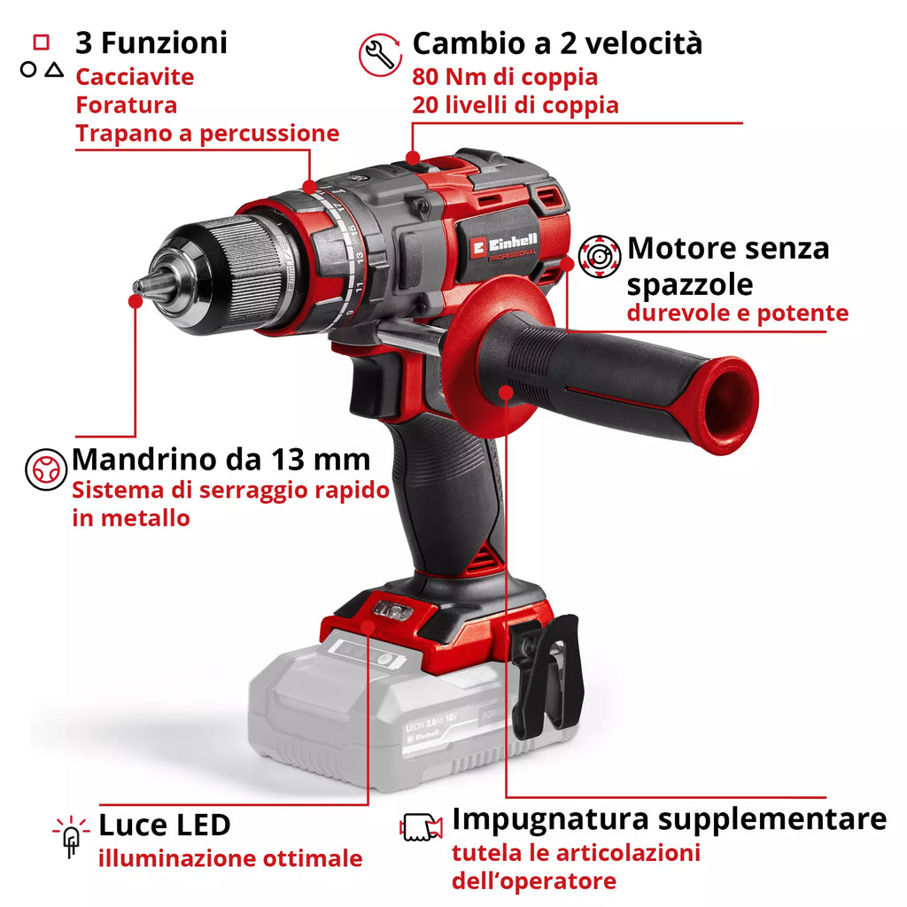 Trapano Avvitatore a Percussione Brushless 18V EINHELL PROFESSIONAL TP-CD 18/80 Li-i BL-Solo