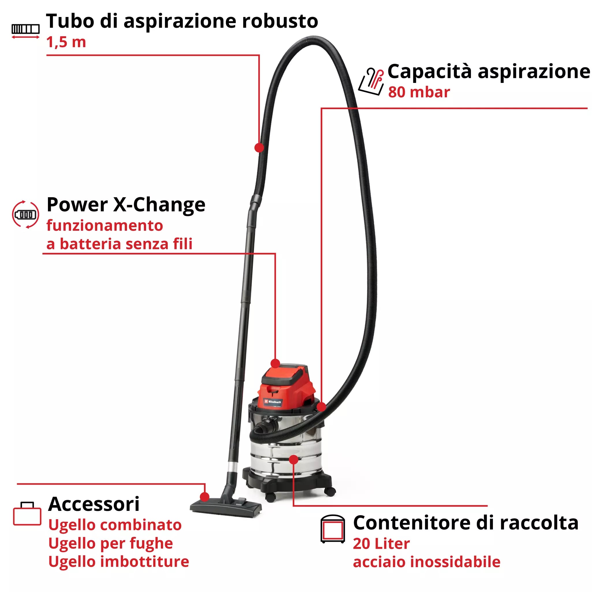 Aspiratore solidi e liquidi a battiera Einhell TC-VC 18/20 LI S-SOLO – 18V POWER X-CHANGE – SERBATOIO INOX 20 L