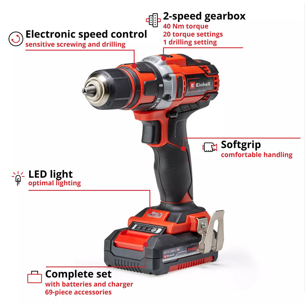 Trapano Avvitatore a Batteria con Kit Accessori EINHELL TE-CD 18/40 Li +69 (2x2,0 Ah)