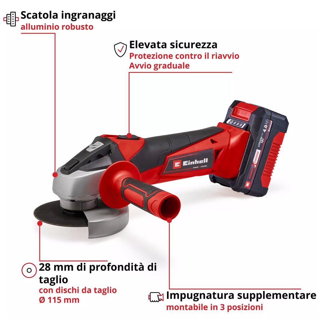 Smerigliatrice Angolare a Batteria 18V EINHELL TC-AG 18/115 Li (1x4,0 Ah)
