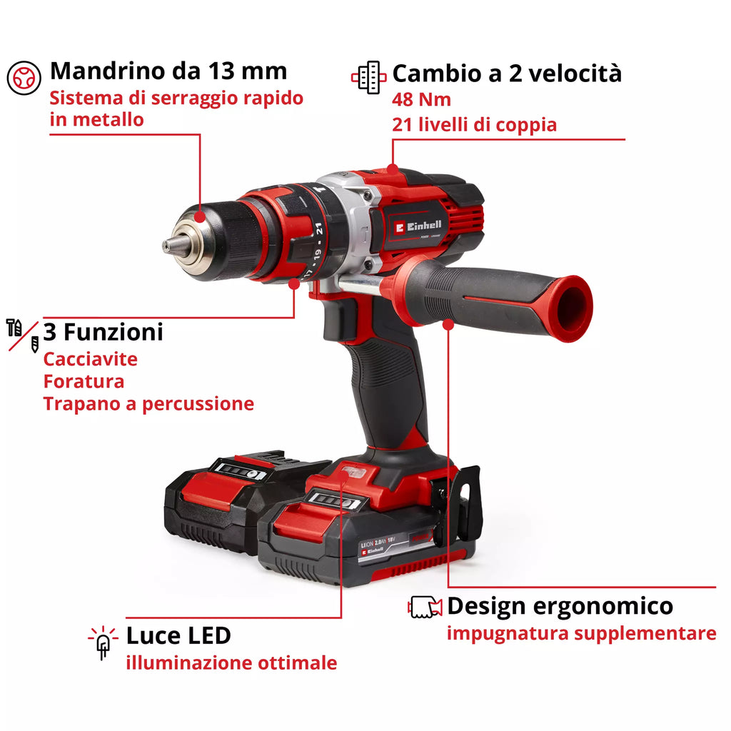 Trapano Avvitatore a Percussione 18V EINHELL TE-CD 18/48 Li-i (2x2,0 Ah)