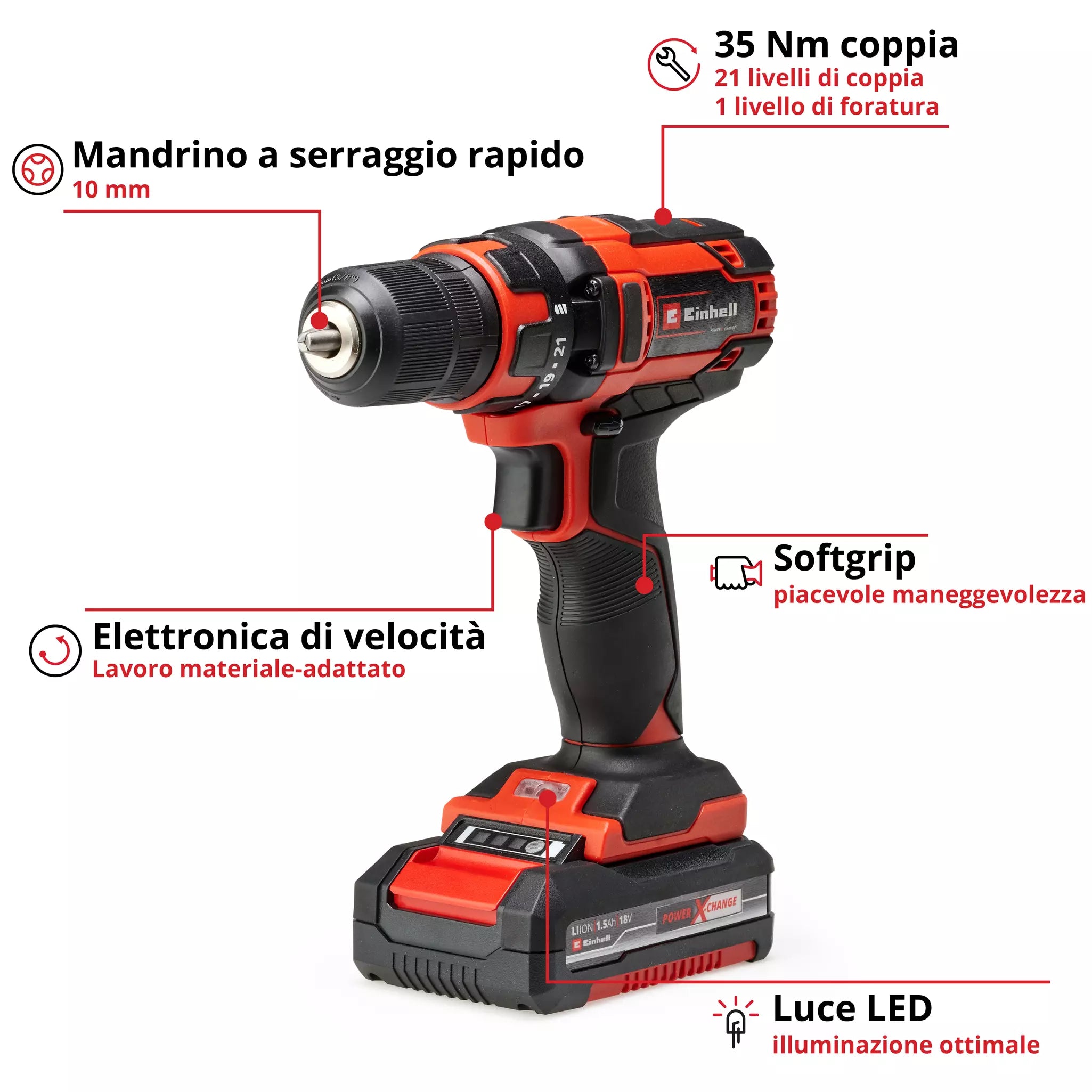 Trapano Avvitatore a Batteria 18V EINHELL TC-CD 18/35 Li (1x1,5 Ah)