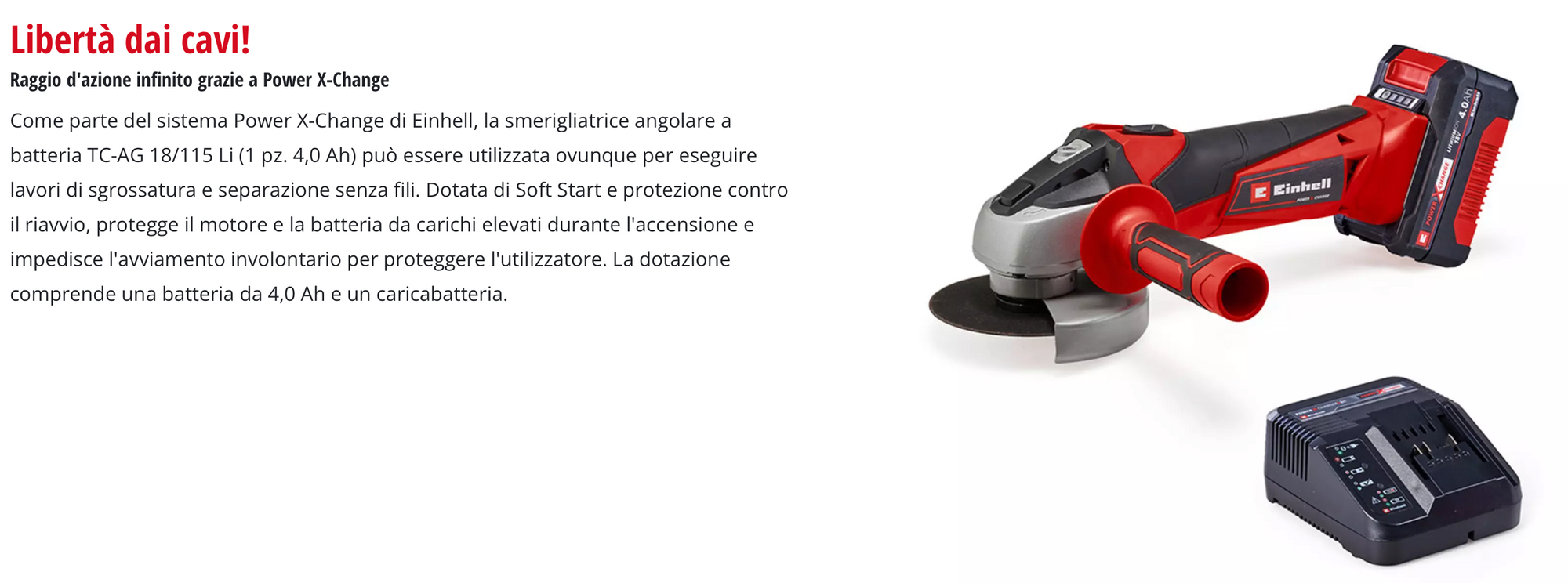Smerigliatrice Angolare a Batteria 18V EINHELL TC-AG 18/115 Li (1x4,0 Ah)