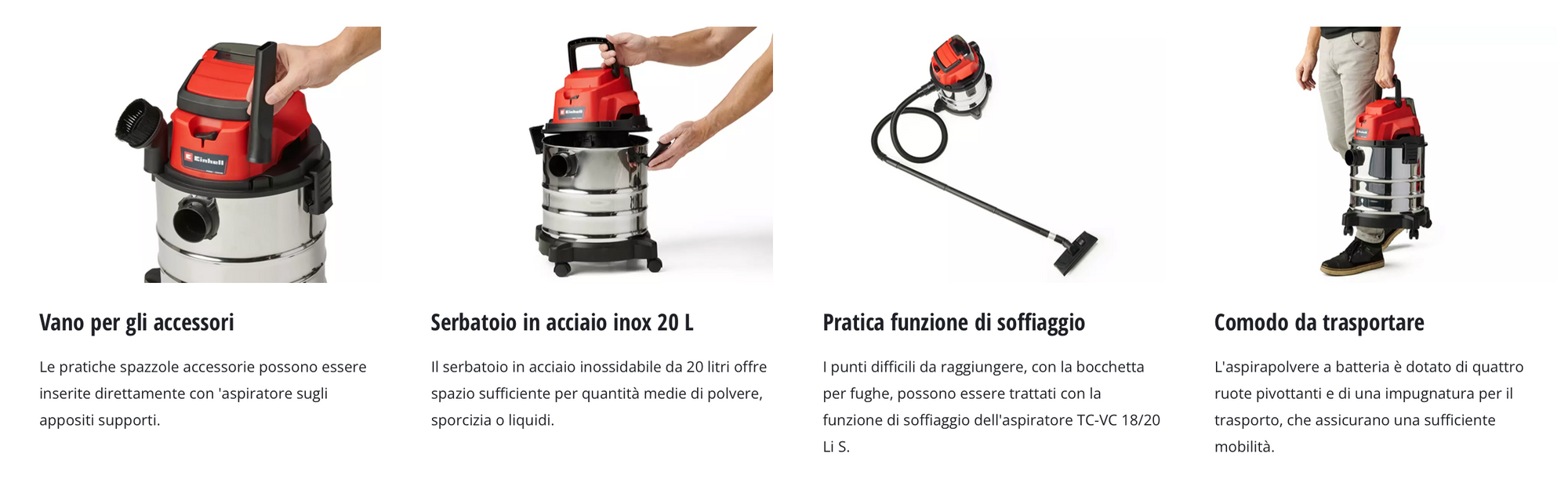 Aspiratore solidi e liquidi a battiera Einhell TC-VC 18/20 LI S-SOLO – 18V POWER X-CHANGE – SERBATOIO INOX 20 L