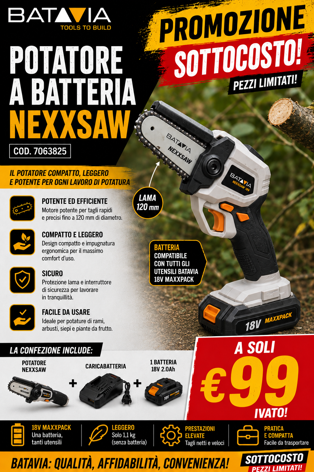Potatore a Batteria Batavia Nexxsaw 18V con Batteria 2.0Ah e Caricabatteria