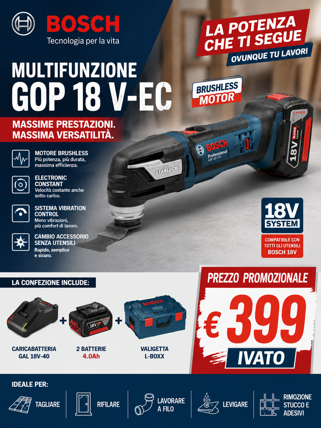 Utensile Multifunzione Brushless 18V Professionale KIT Bosch GOP 18 V-EC + 2 batterie + caricabatteria