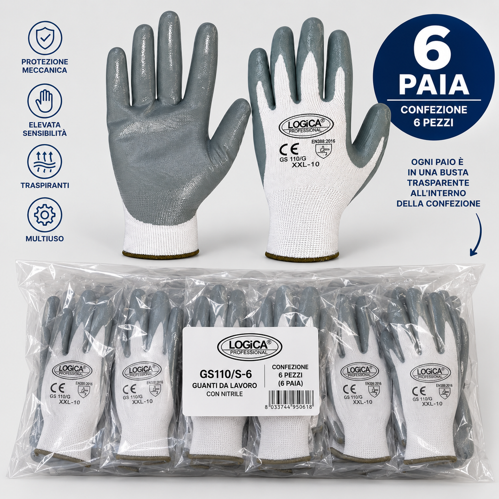 Guanti da Lavoro in Poliestere Spalmati in Nitrile GS110/S-6 - Confezione 6 Pezzi