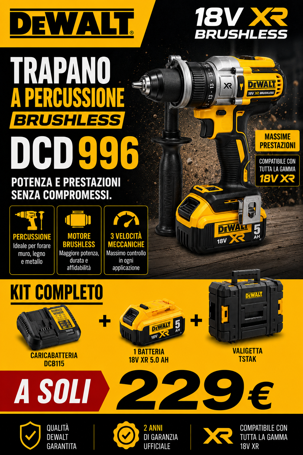 Trapano a Percussione DeWALT DCD996 18V XR Brushless Kit Completo